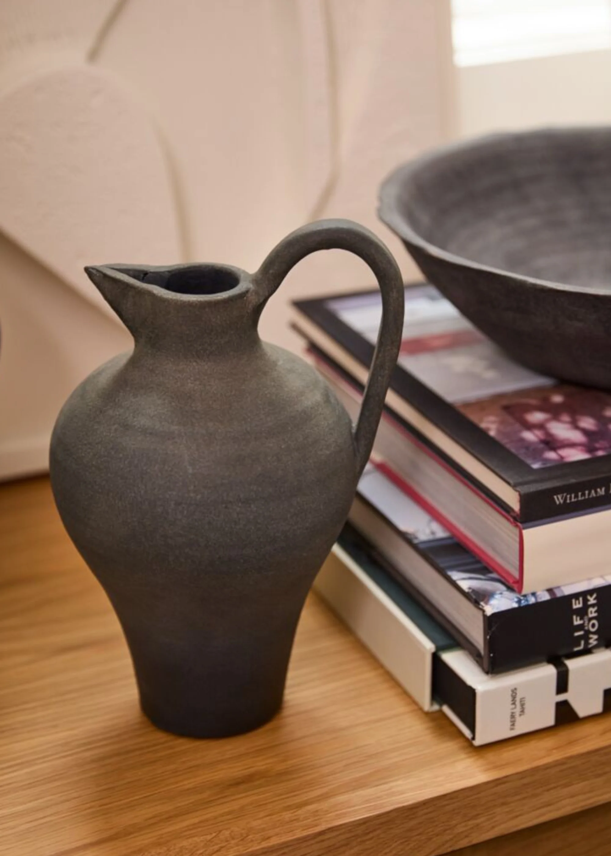 Handmade Terra Cotta Pitcher Vase with Handle in Aged Black - 11.75" - Image 3