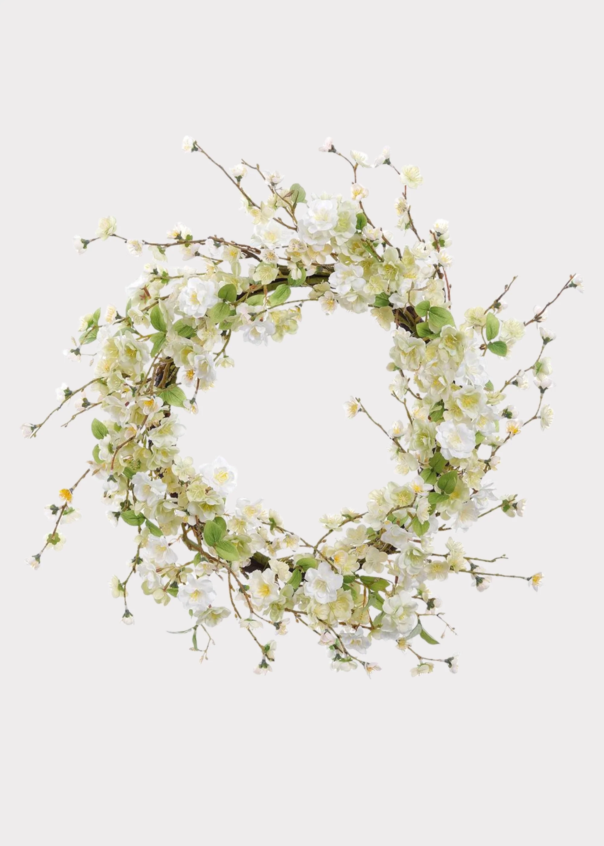 Artificial Wispy Cherry Blossom Flower Wreath in Cream Green - 24"