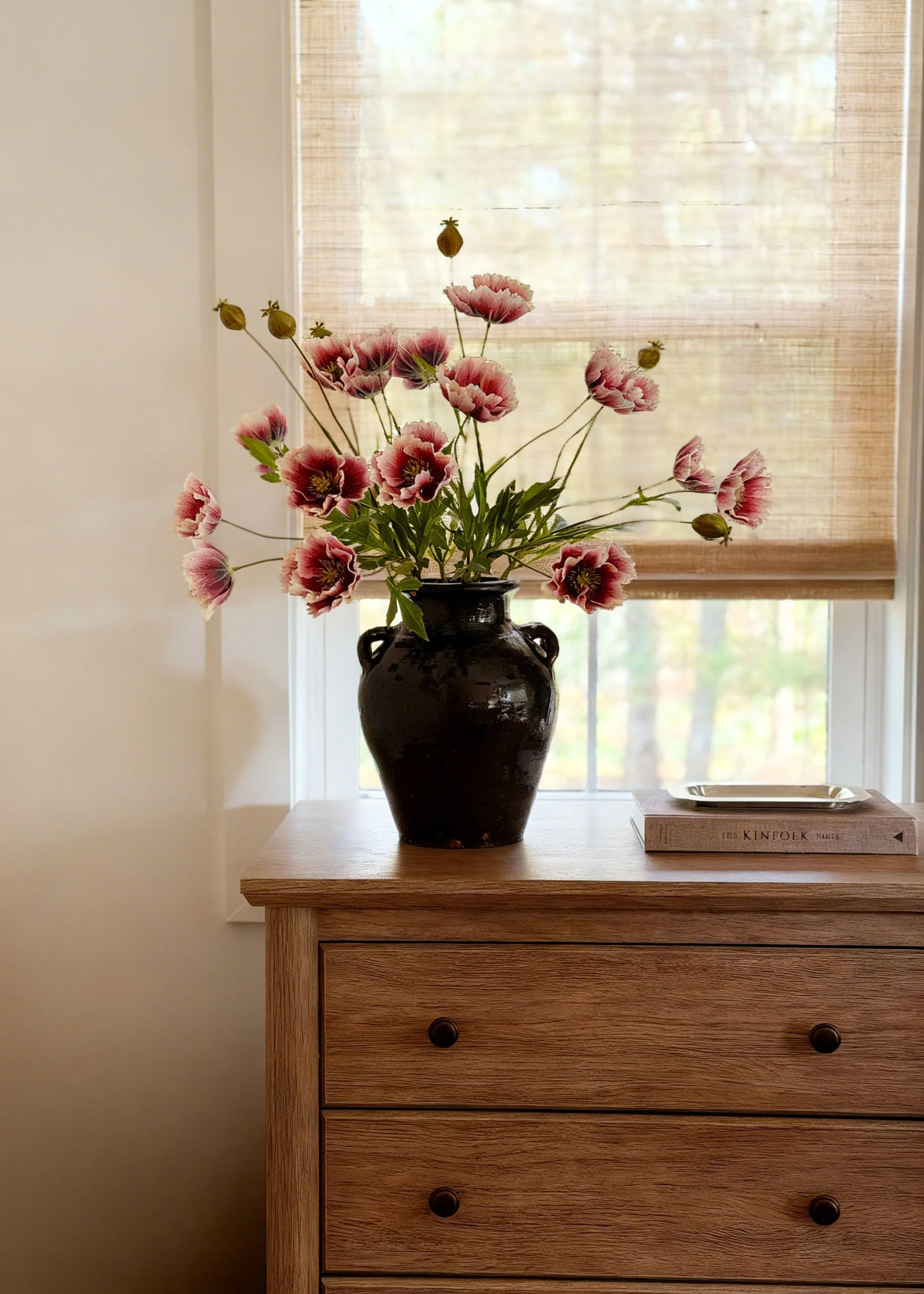 Artificial Poppy Flower Spray in Dark Pink Cream - 27" - Image 3