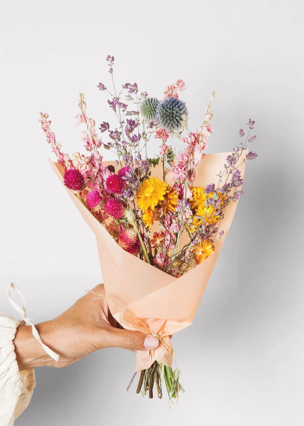 Colorful Pink and Yellow Small Dried Flower Bouquet - 12" - Image 2