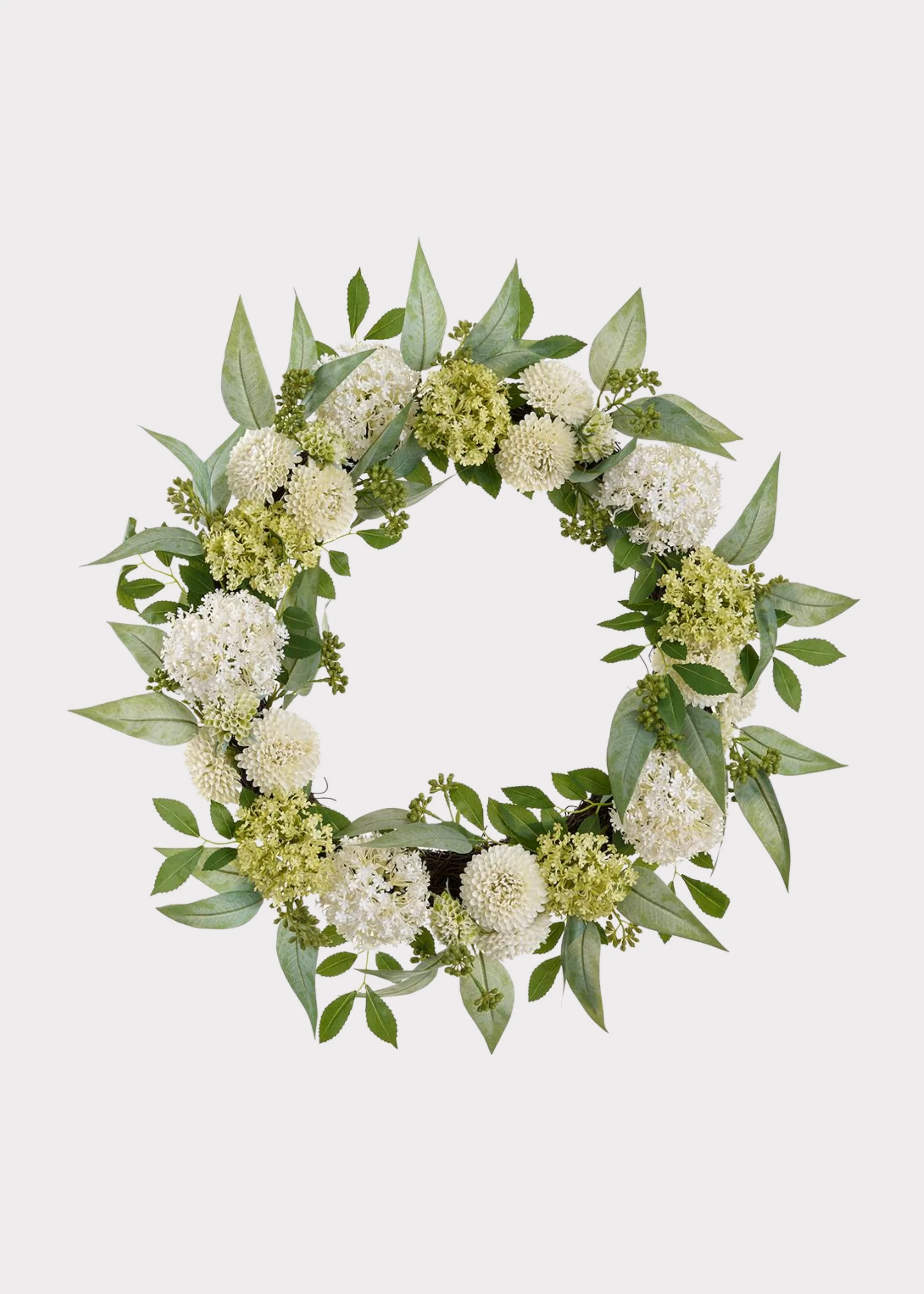 Cream Green Fake Snowball and Mum Flower Wreath with Sedum - 24"