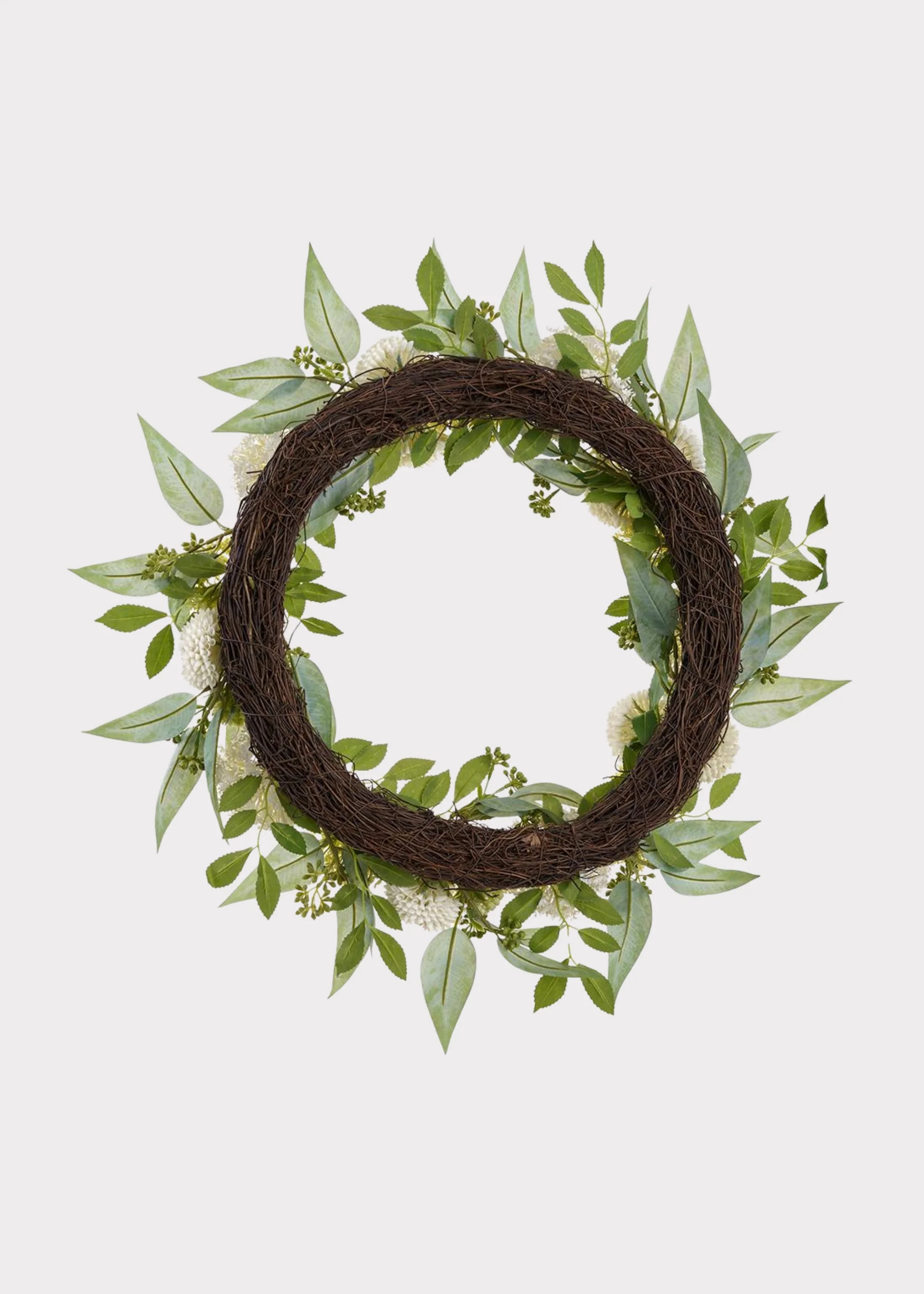 Cream Green Fake Snowball and Mum Flower Wreath with Sedum - 24" - Image 2