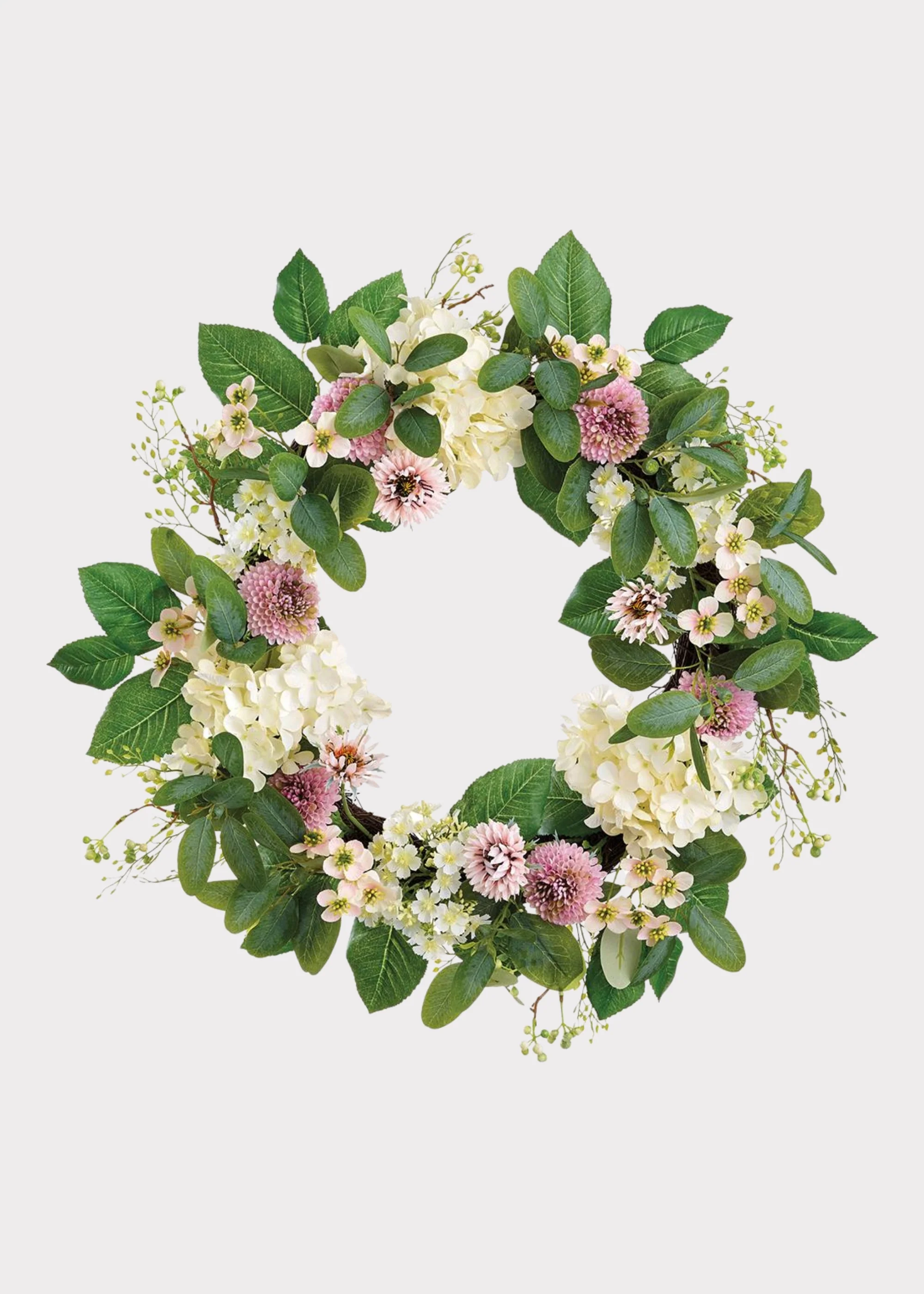 Dahlia and Hydrangea Fake Flower Wreath in Pink Cream - 24"