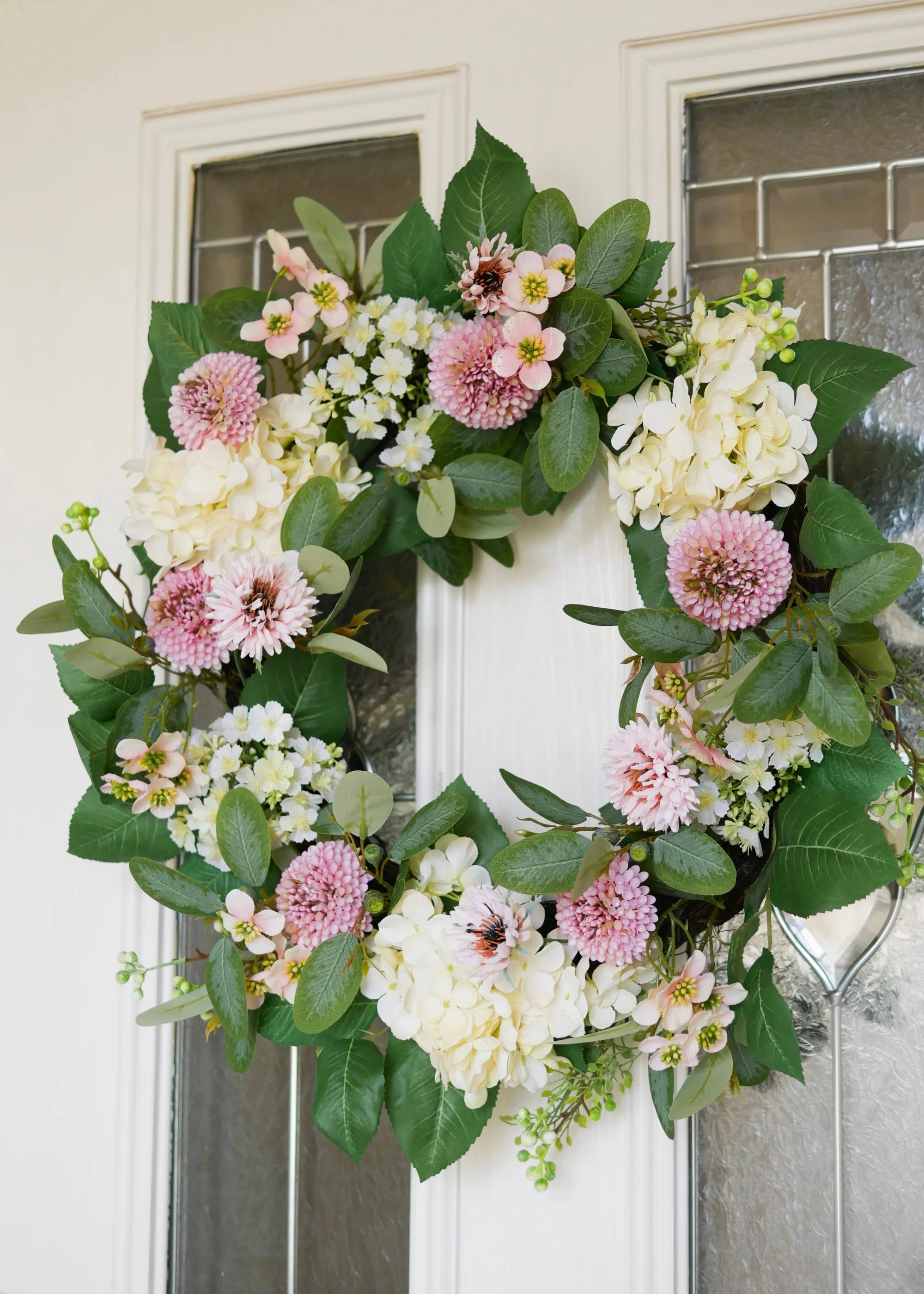 Dahlia and Hydrangea Fake Flower Wreath in Pink Cream - 24" - Image 2