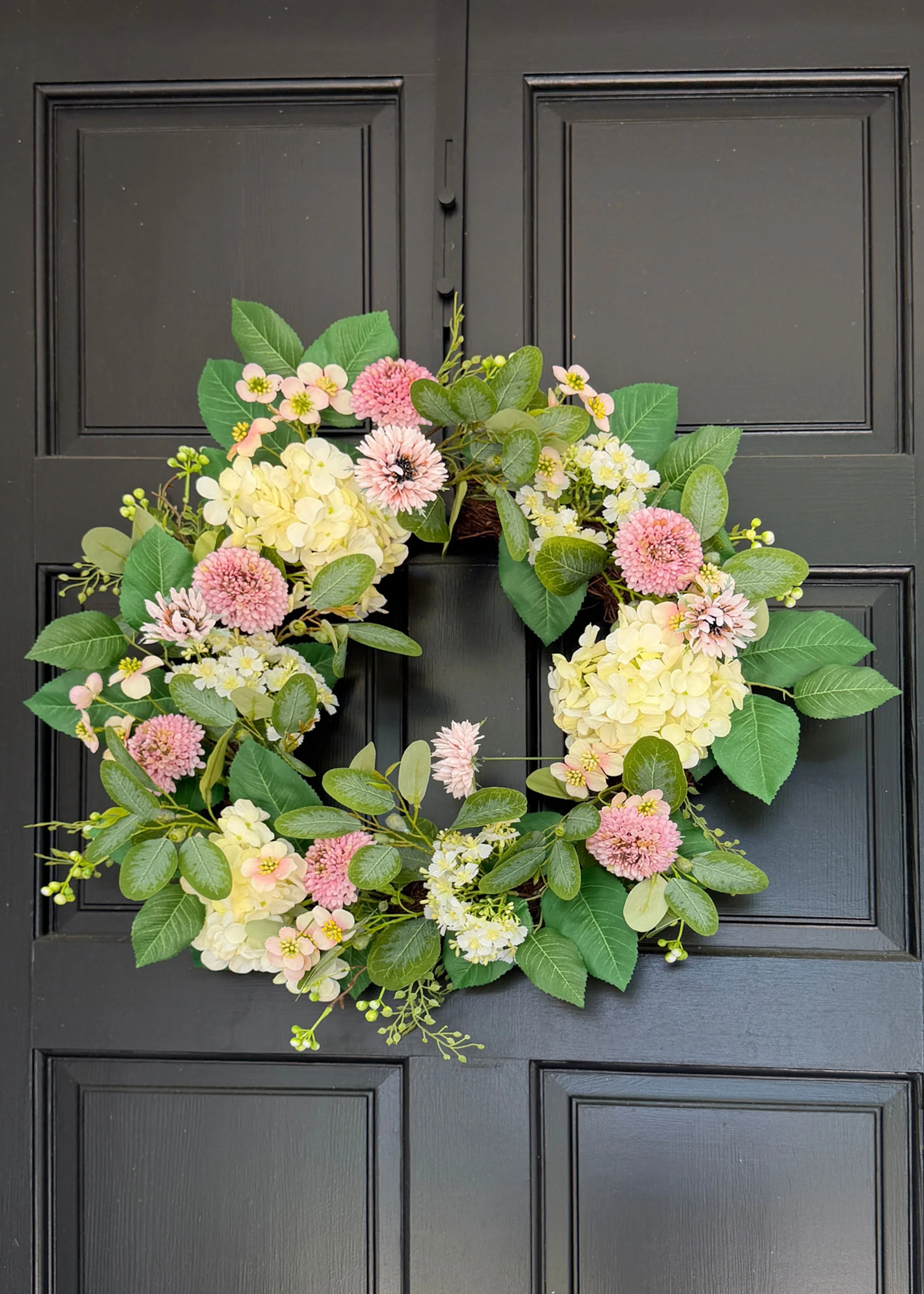 Dahlia and Hydrangea Fake Flower Wreath in Pink Cream - 24" - Image 4
