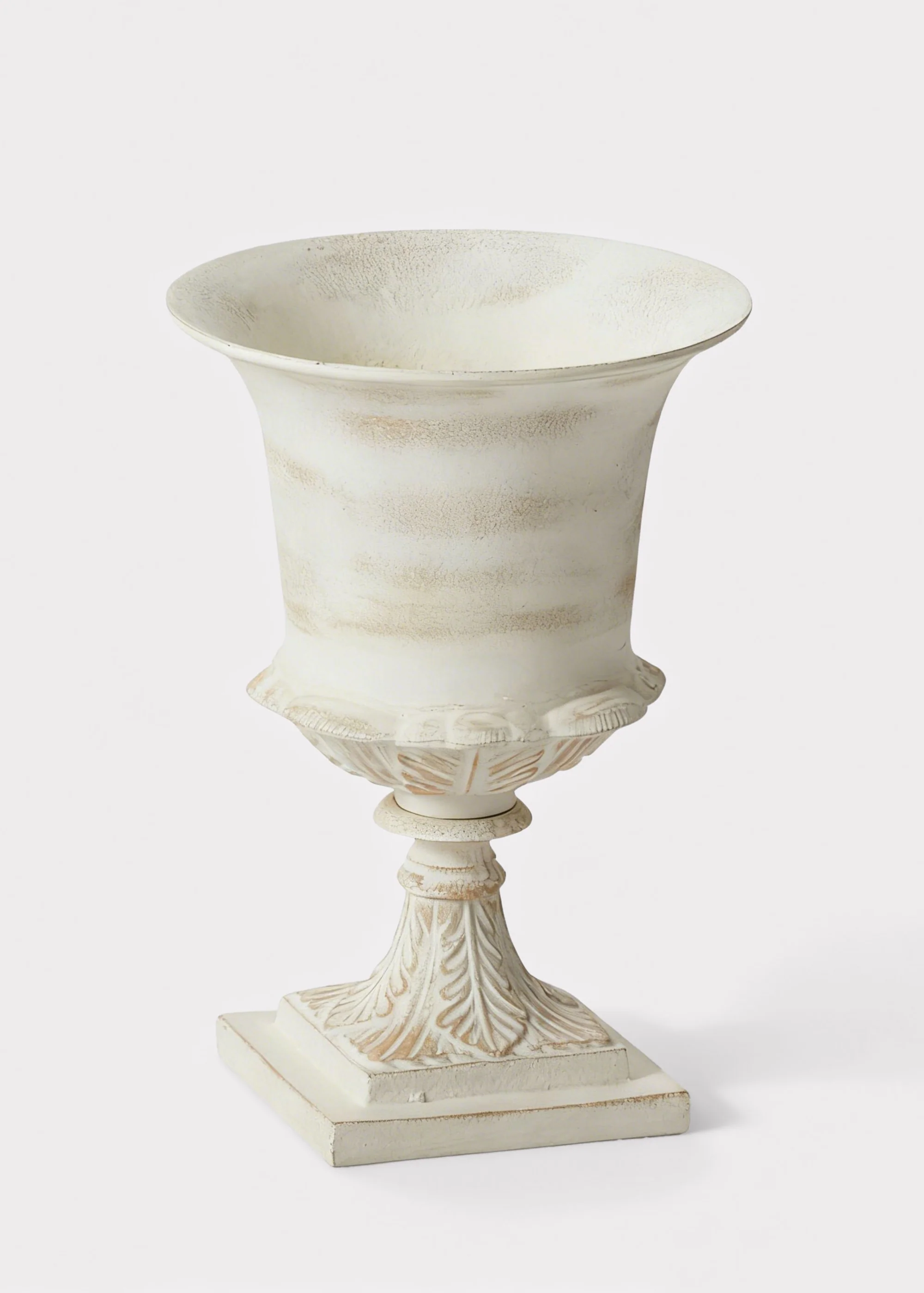 Distressed Metal Urn Vase in Warm White - 14.5"