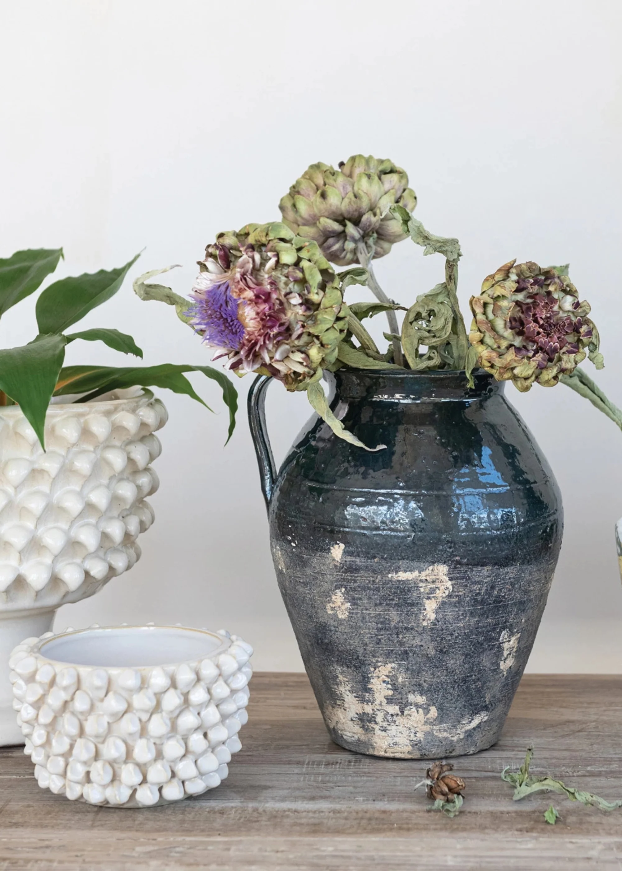 Distressed Terra Cotta Pitcher Vase in Blue Glaze - 11.25" - Image 2