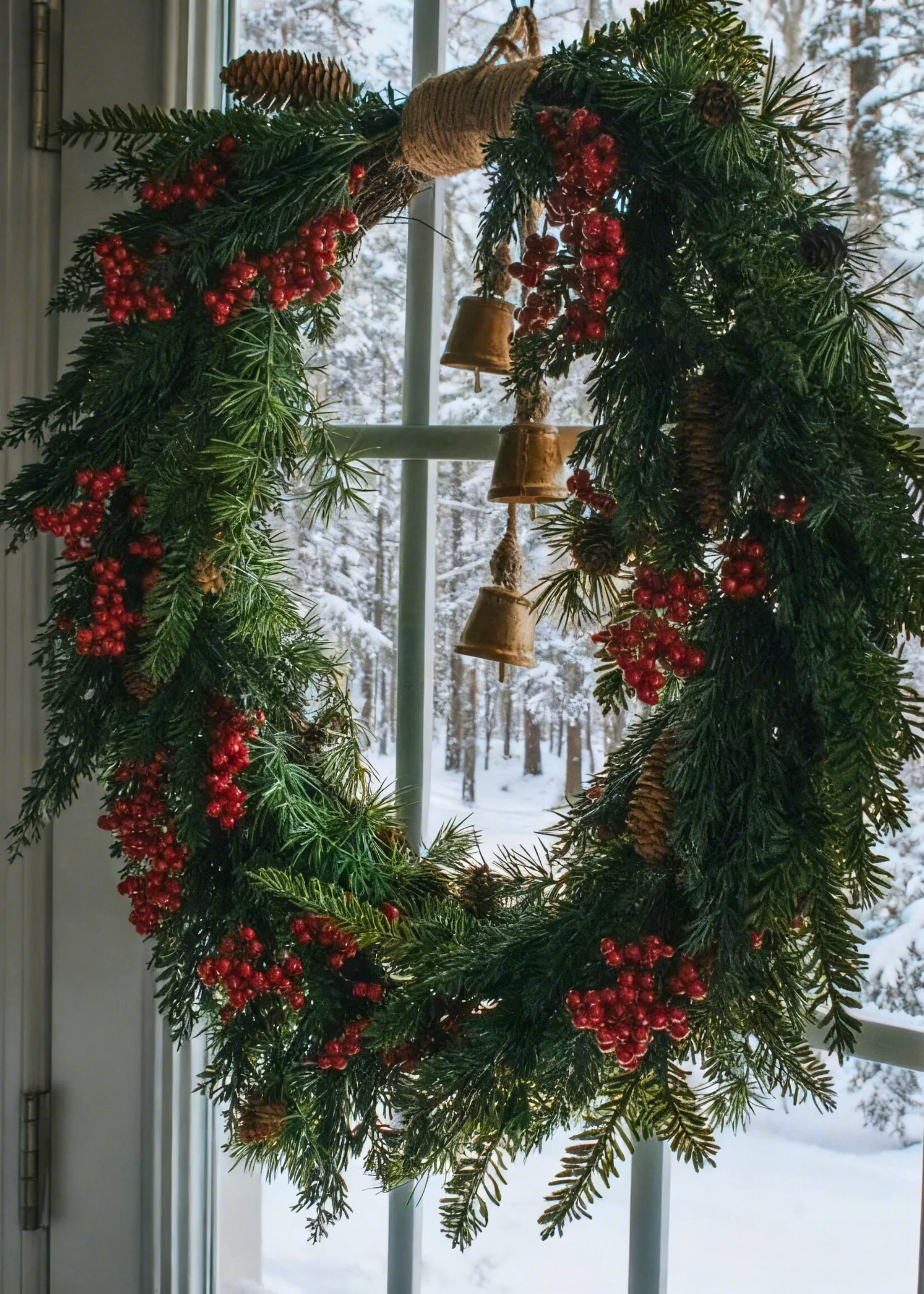 Fake Holiday Cedar and Red Berry Wreath with Pinecones - 30" - Image 3