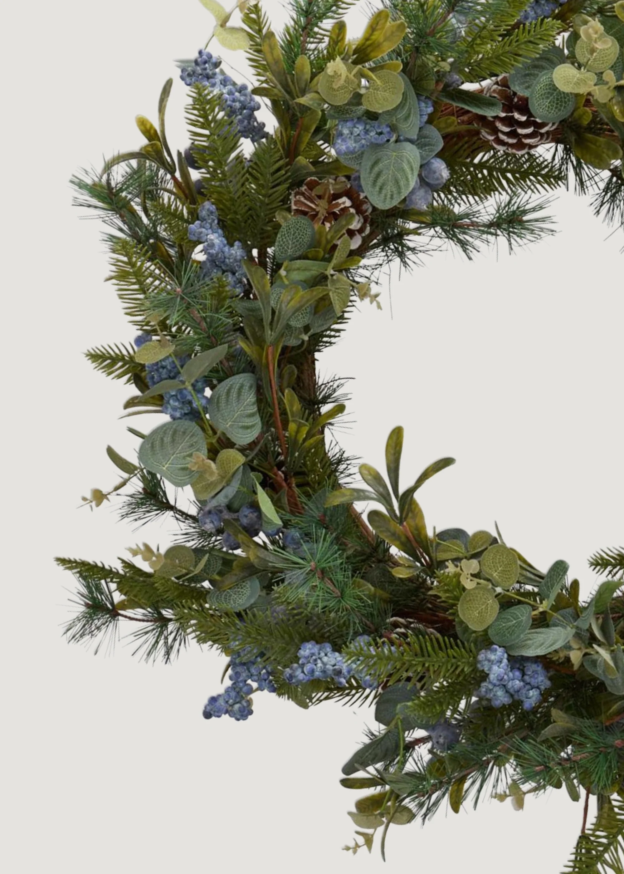 Fake Mixed Greenery Wreath with Blue Berries - 29" - Image 4