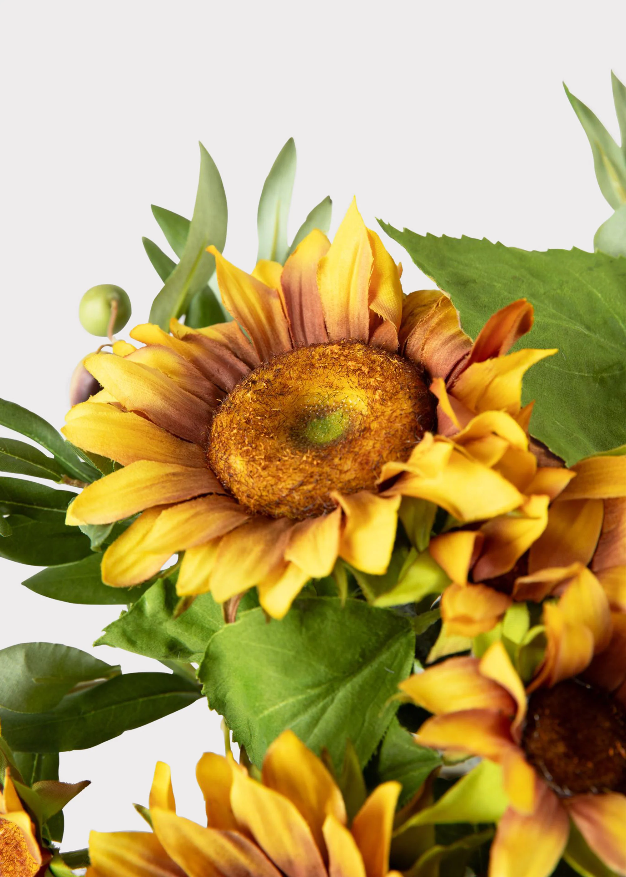 Faux Sunflower and Olive Leaf Arrangement in Glass Vase - 11" - Image 3