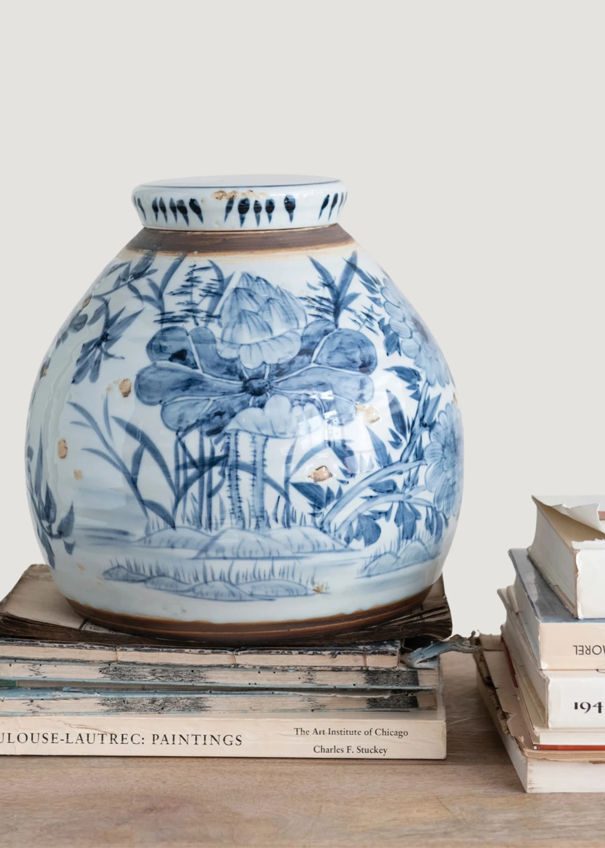 Hand-Painted Blue and White Stoneware Ginger Jar Vase - 11" - Image 2