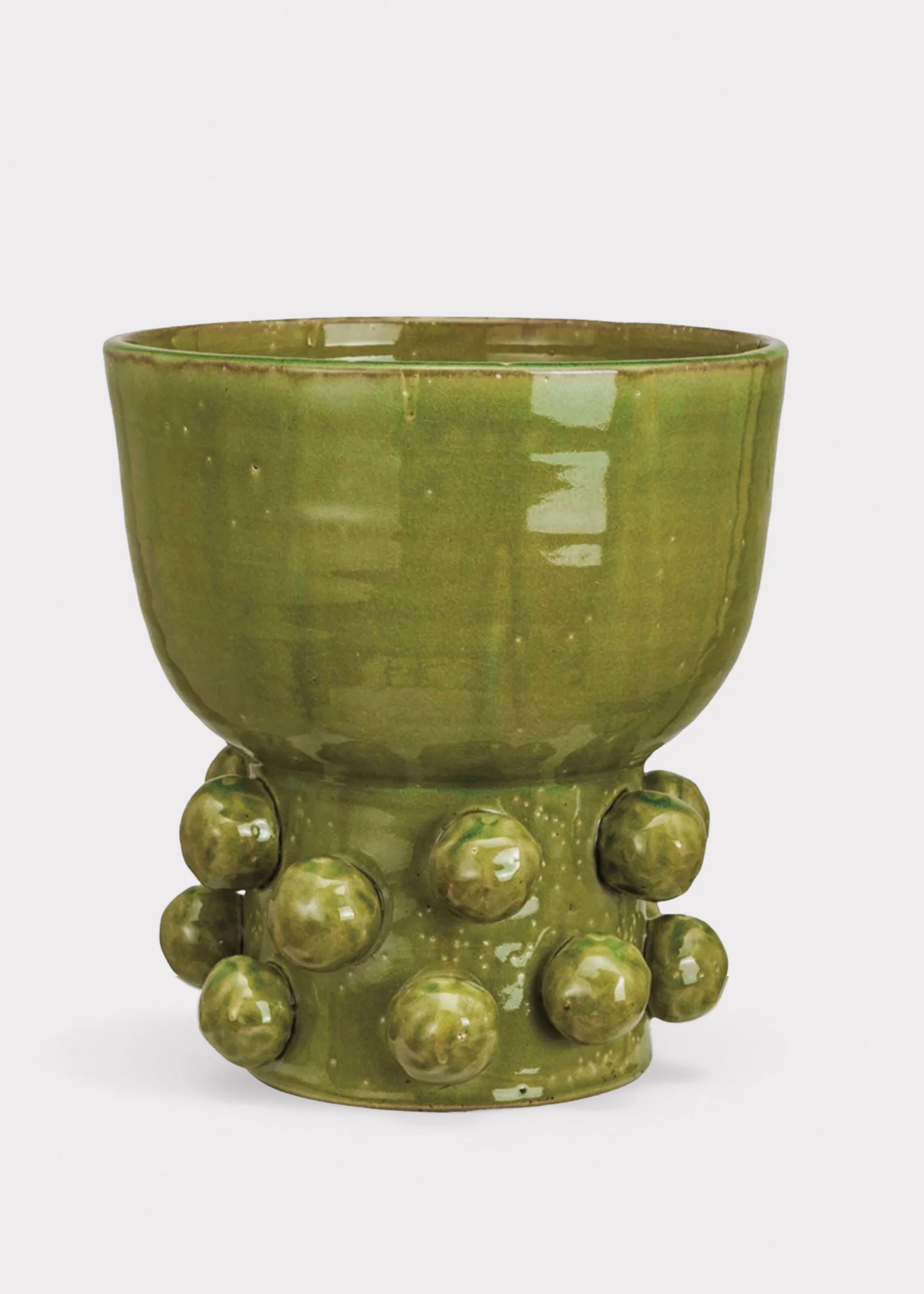 Handmade Terra Cotta Hobnail Footed Vase in Glazed Green - 12.25"