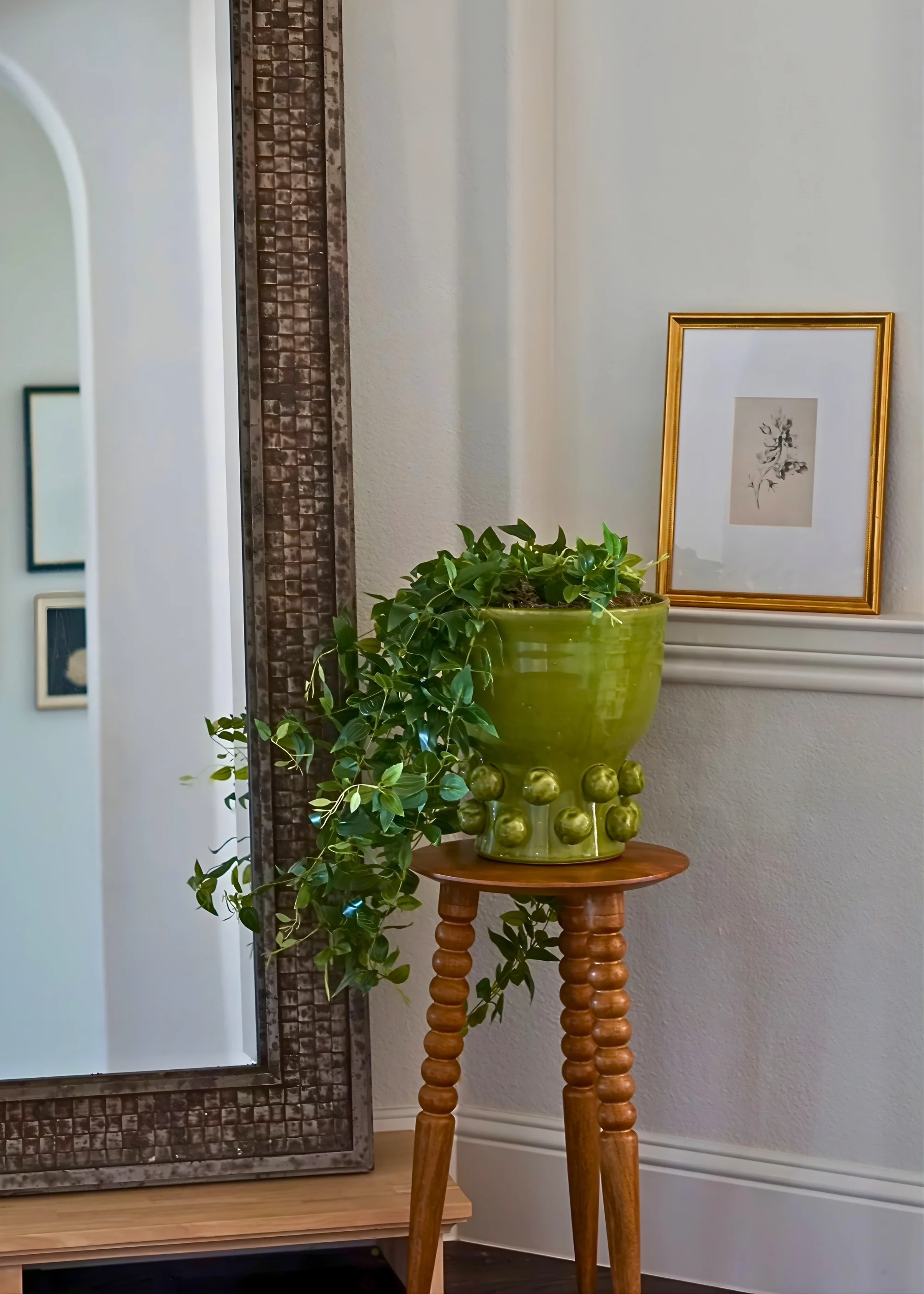 Handmade Terra Cotta Hobnail Footed Vase in Glazed Green - 12.25" - Image 2
