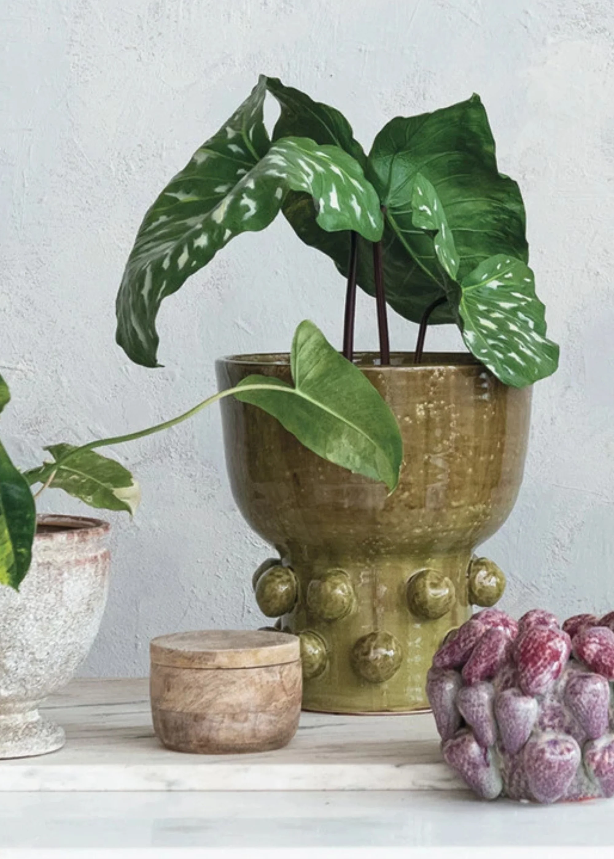 Handmade Terra Cotta Hobnail Footed Vase in Glazed Green - 12.25" - Image 3