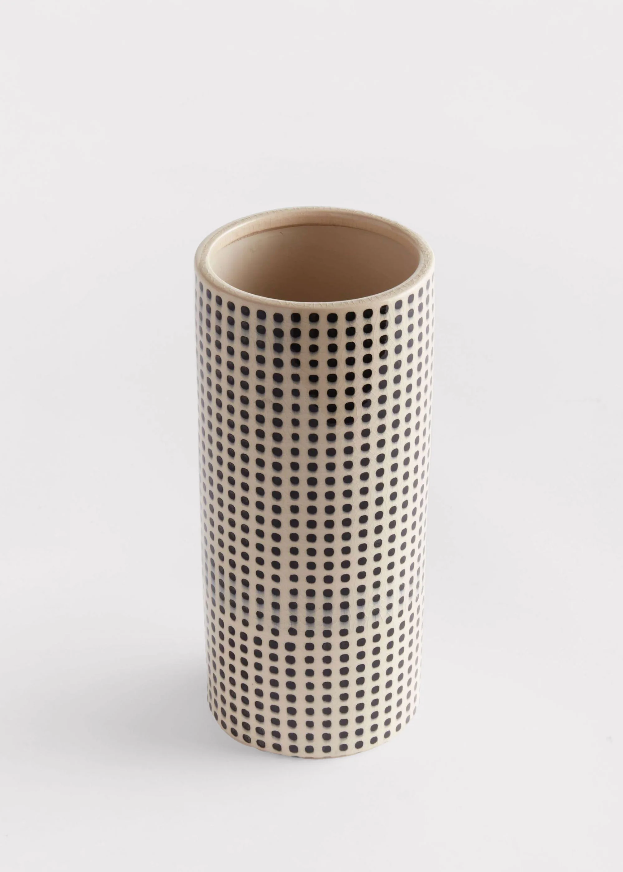 Handmade White and Black Dotted Ceramic Cylinder Vase - 11.25" - Image 3