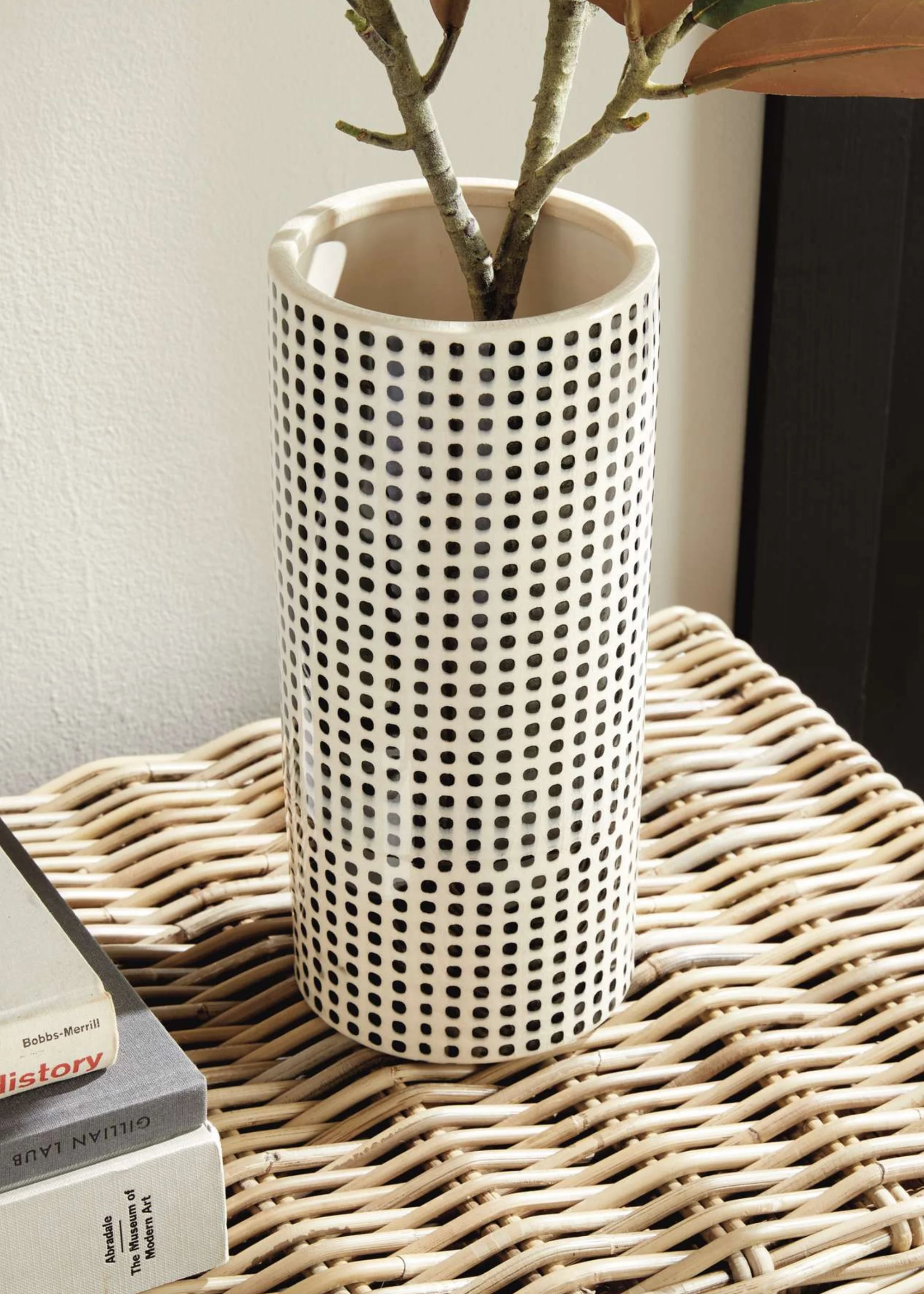 Handmade White and Black Dotted Ceramic Cylinder Vase - 11.25" - Image 5