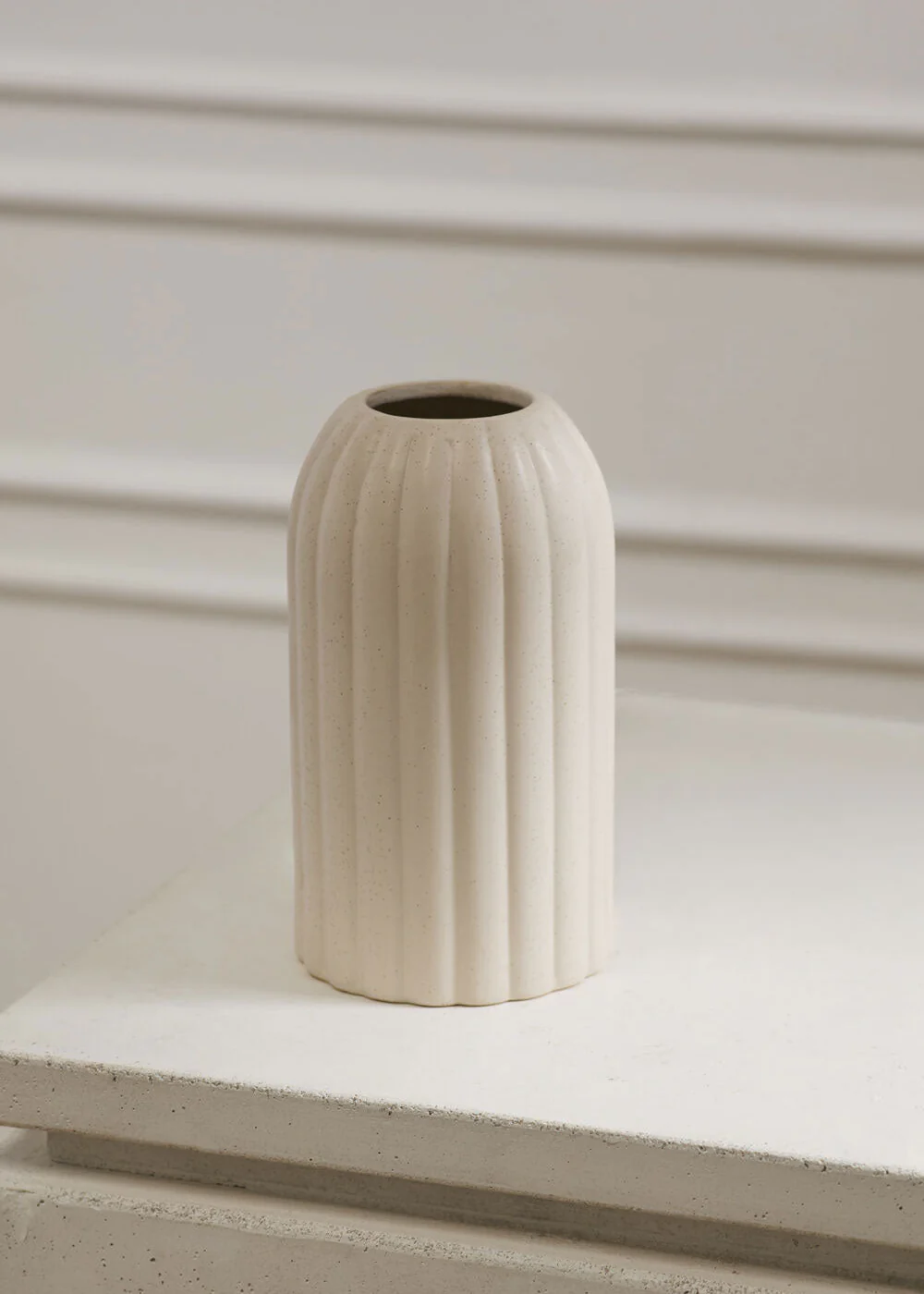 Rounded Cylinder Ceramic Ribbed Vase in Beige Cream - 8.25" - Image 2