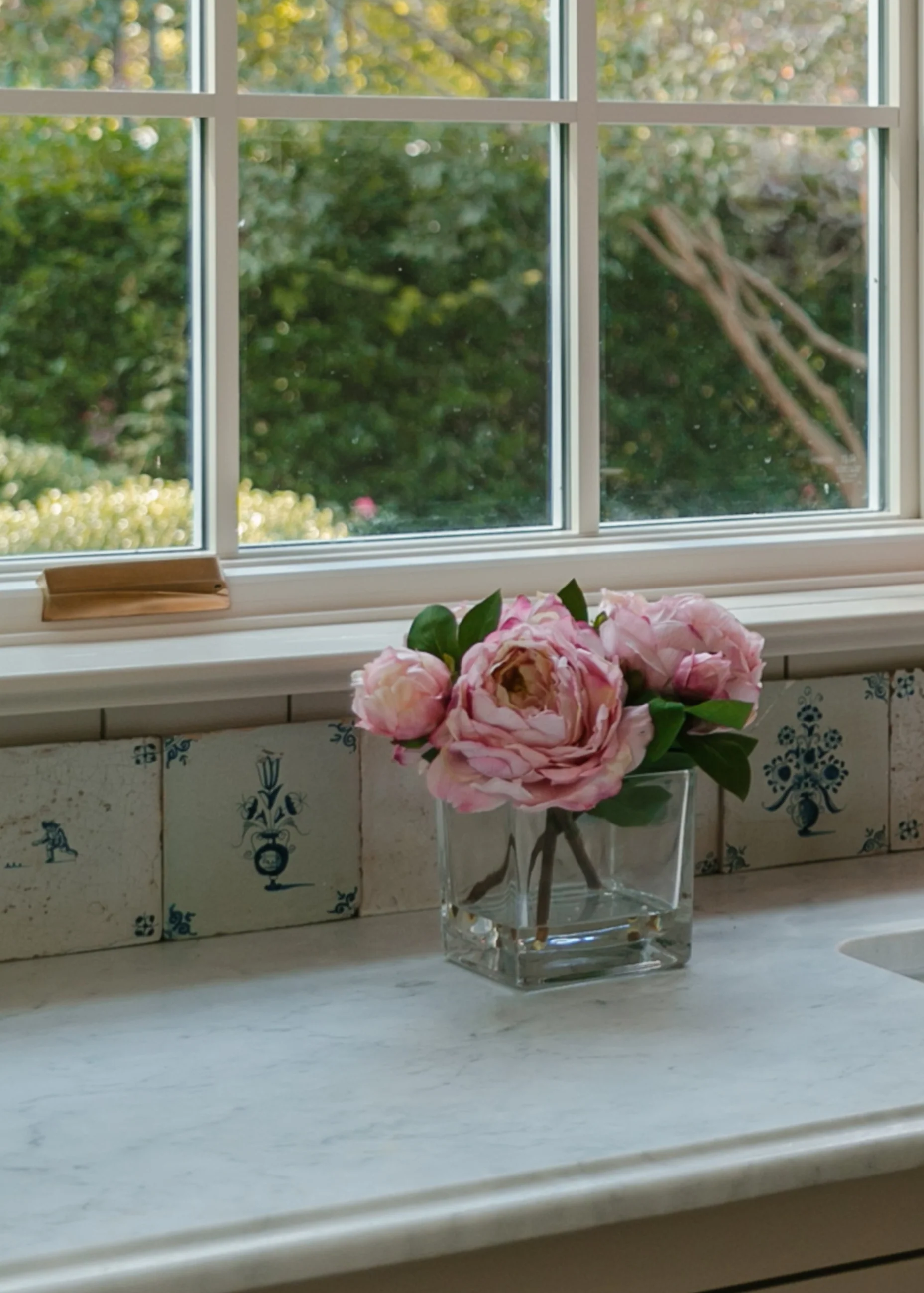 Small Pink Faux Peony Arrangement in Glass Vase - 9" - Image 3
