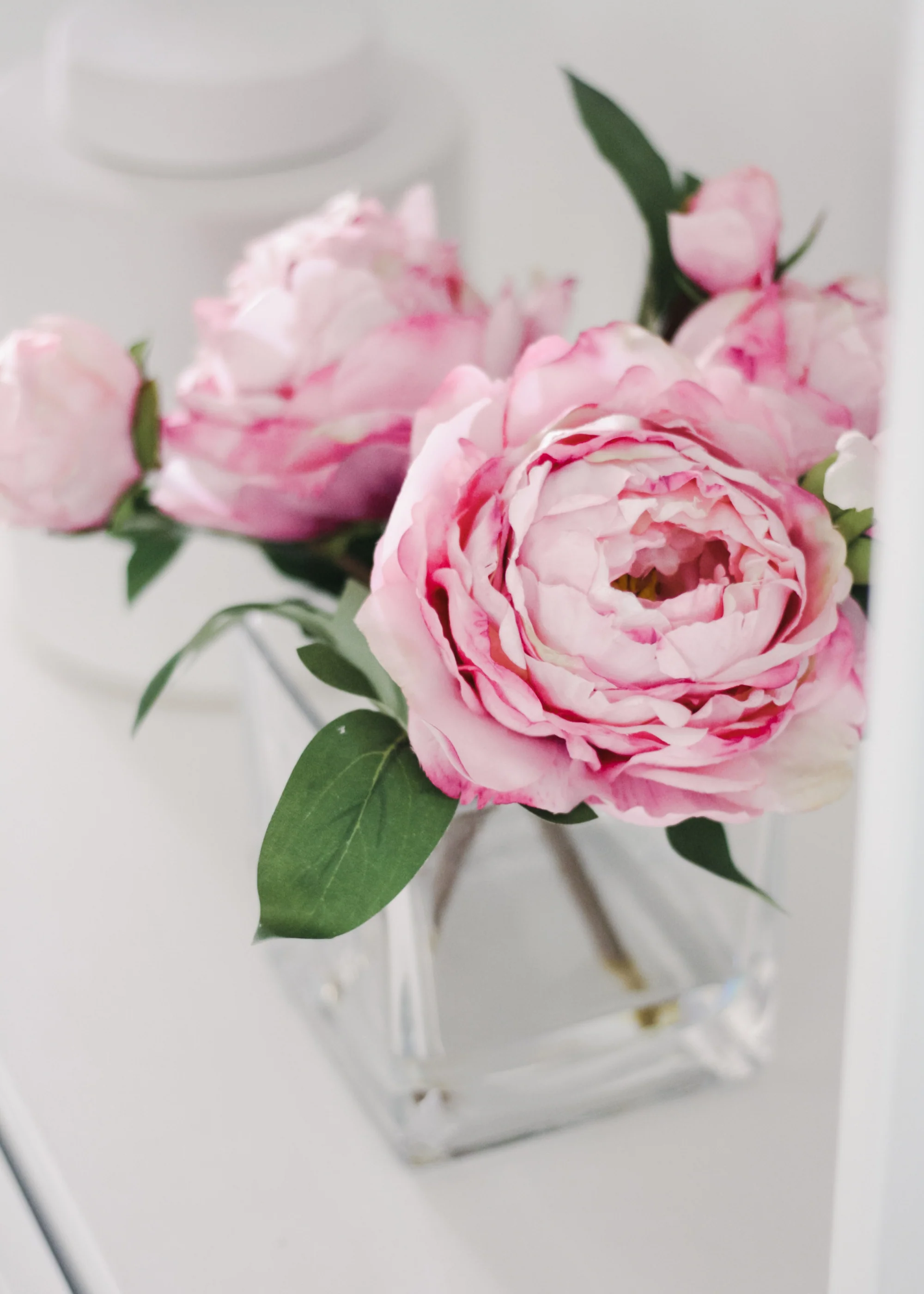 Small Pink Faux Peony Arrangement in Glass Vase - 9" - Image 4