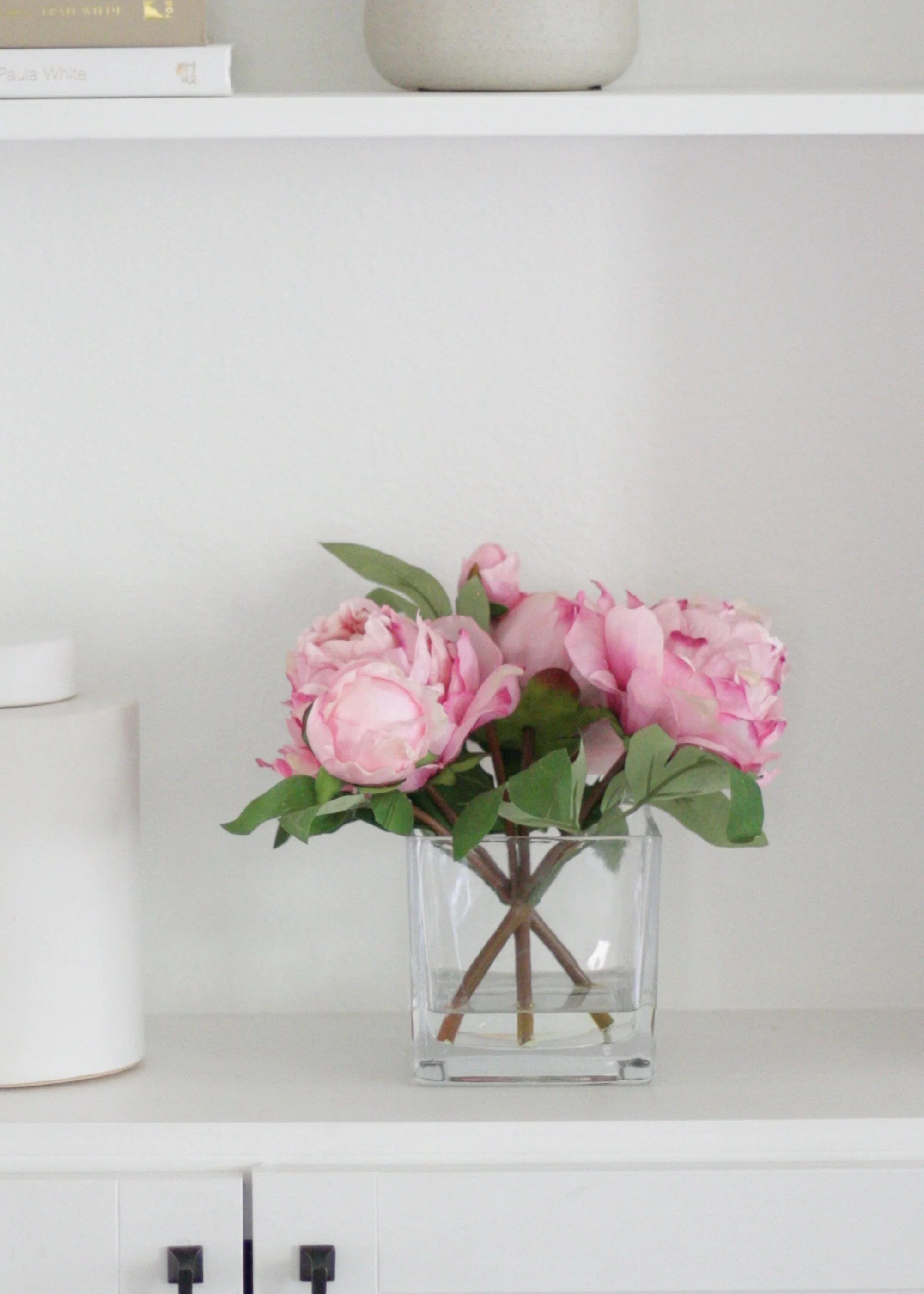 Small Pink Faux Peony Arrangement in Glass Vase - 9" - Image 6