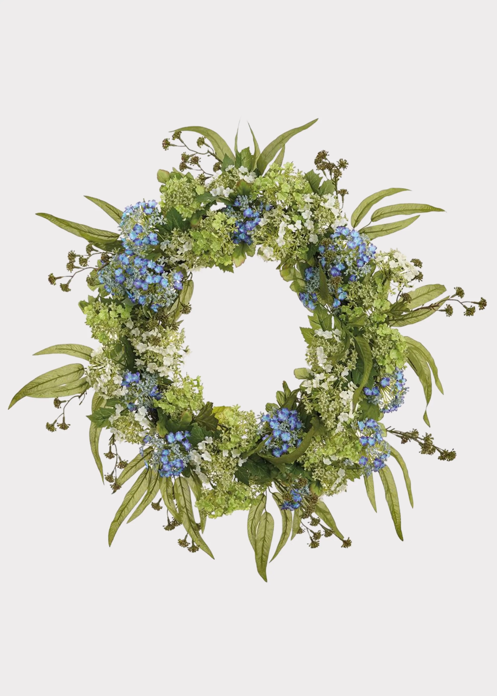 Snowball and Eucalyptus Fake Flower Wreath in Blue and Green - 25"