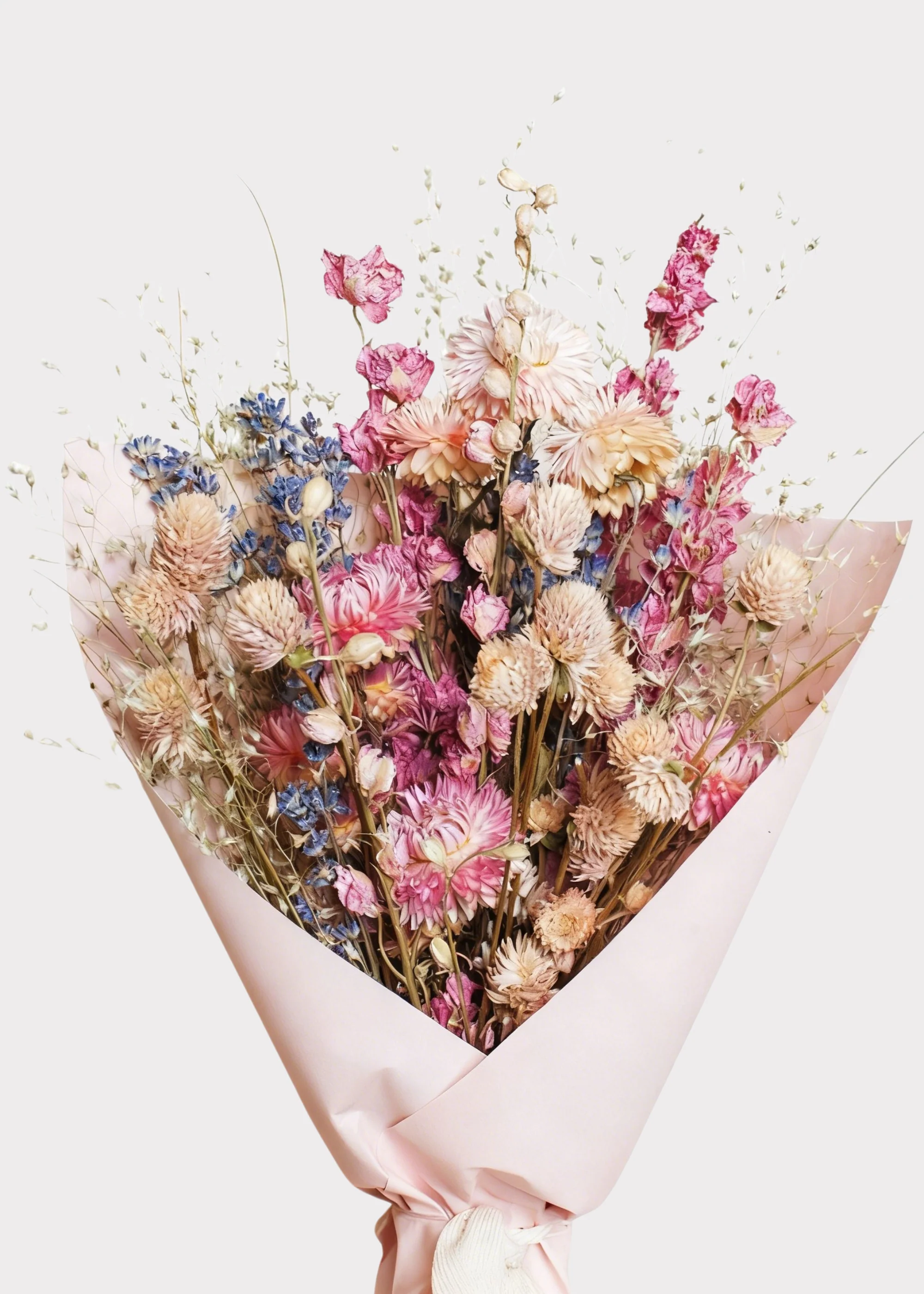 Soft Pink and Blue Small Bouquet of Dried Flowers - 12"
