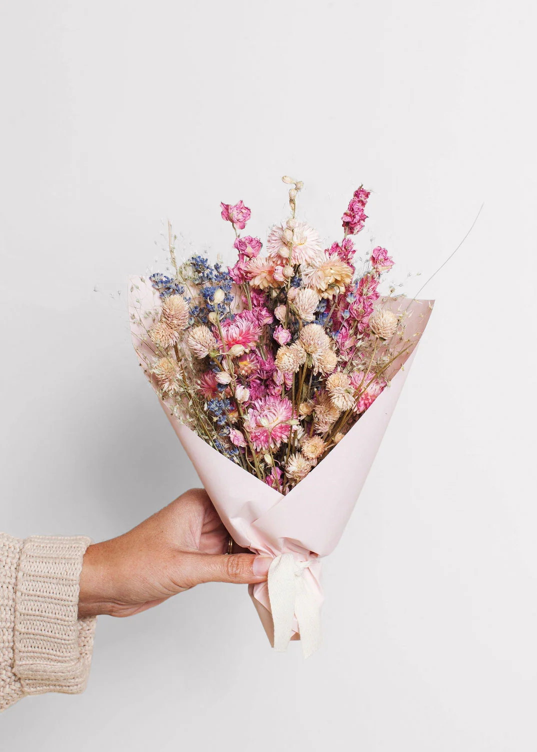 Soft Pink and Blue Small Bouquet of Dried Flowers - 12" - Image 2