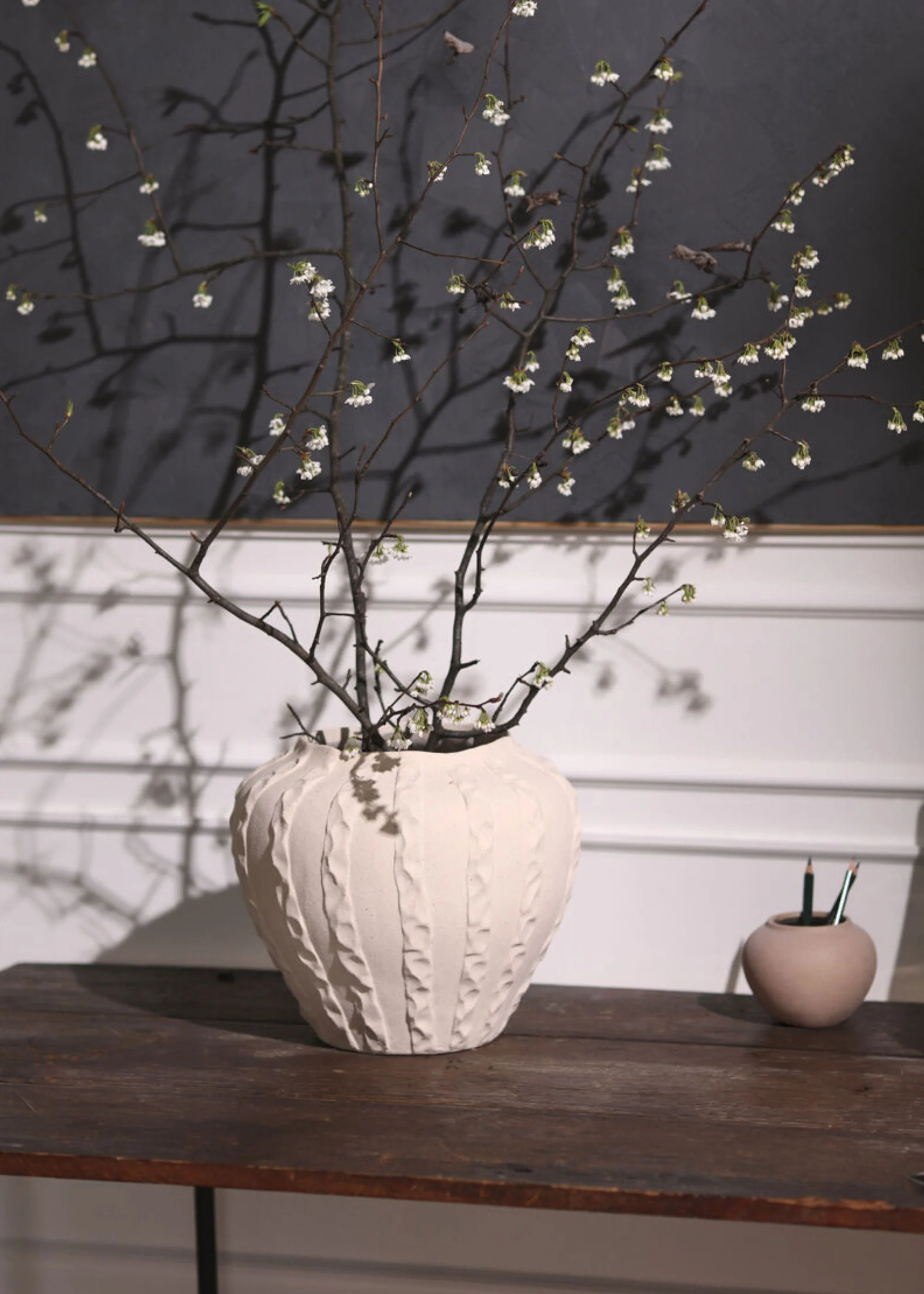 Textured Round Ceramic Argos Vase in Matte Sand Hue - 11.75" - Image 4