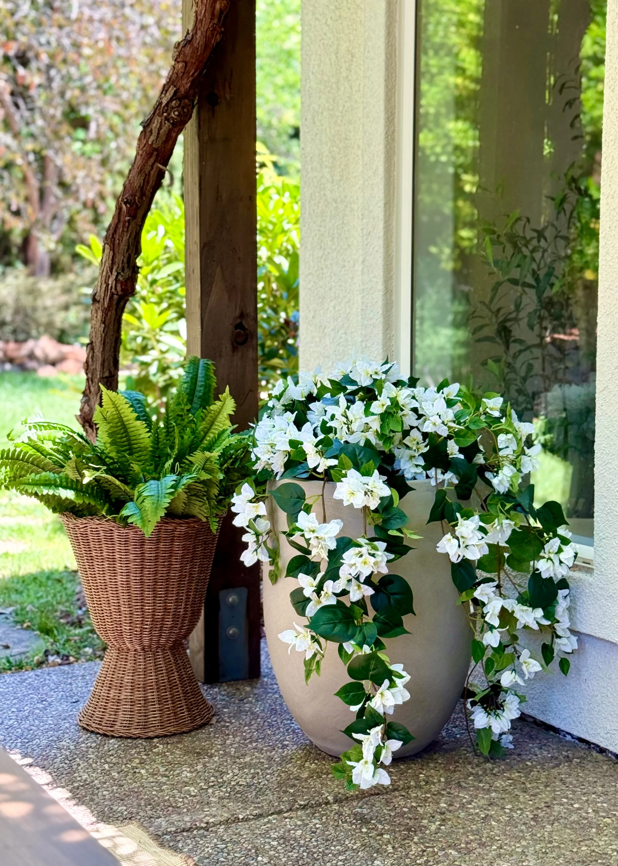 UV Treated Indoor/Outdoor Cream Fake Bougainvillea Hanging Bush - 42" - Image 3