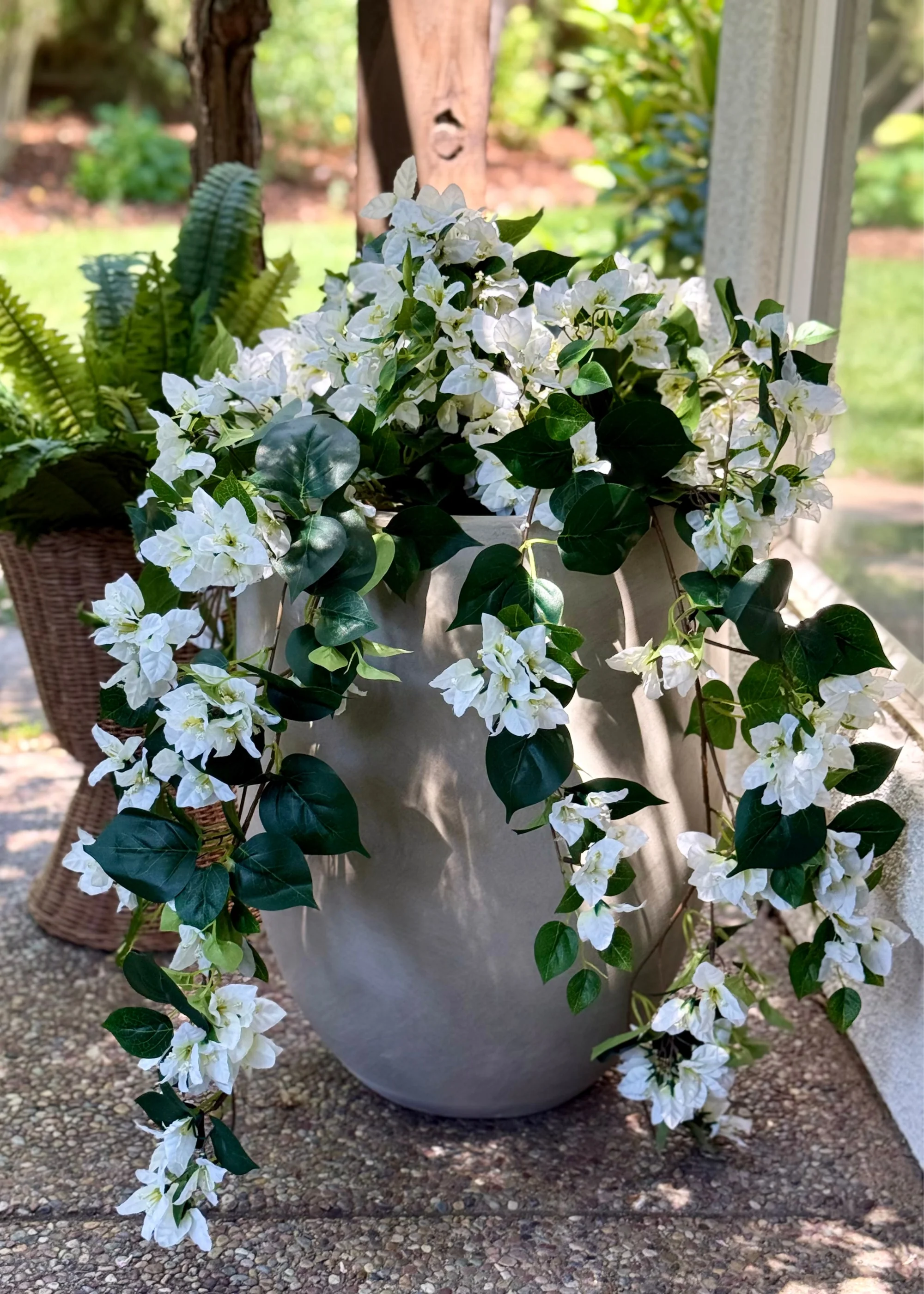 UV Treated Indoor/Outdoor Cream Fake Bougainvillea Hanging Bush - 42" - Image 5