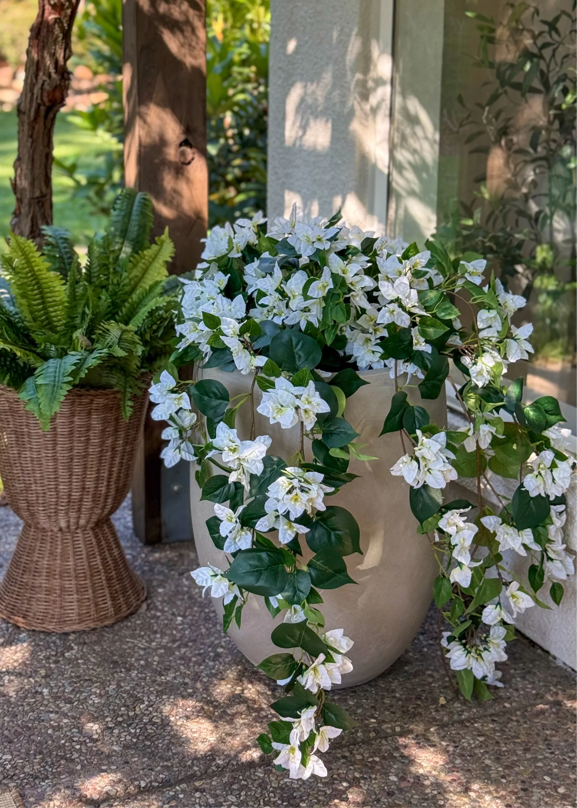 UV Treated Indoor/Outdoor Cream Fake Bougainvillea Hanging Bush - 42" - Image 6
